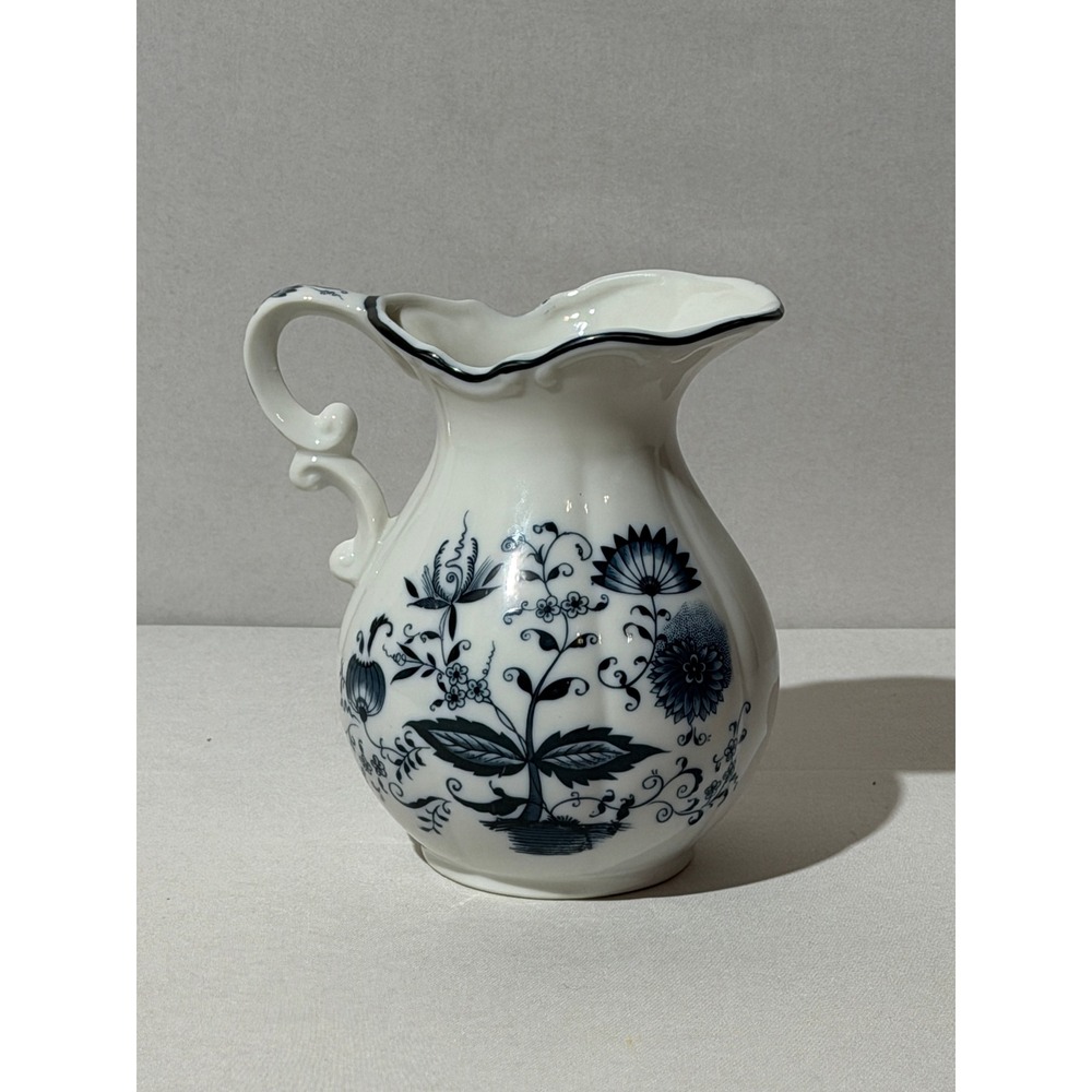 Vintage Blue Onion Floral Ceramic Pitcher Scalloped Rim Scroll Handle White Blue